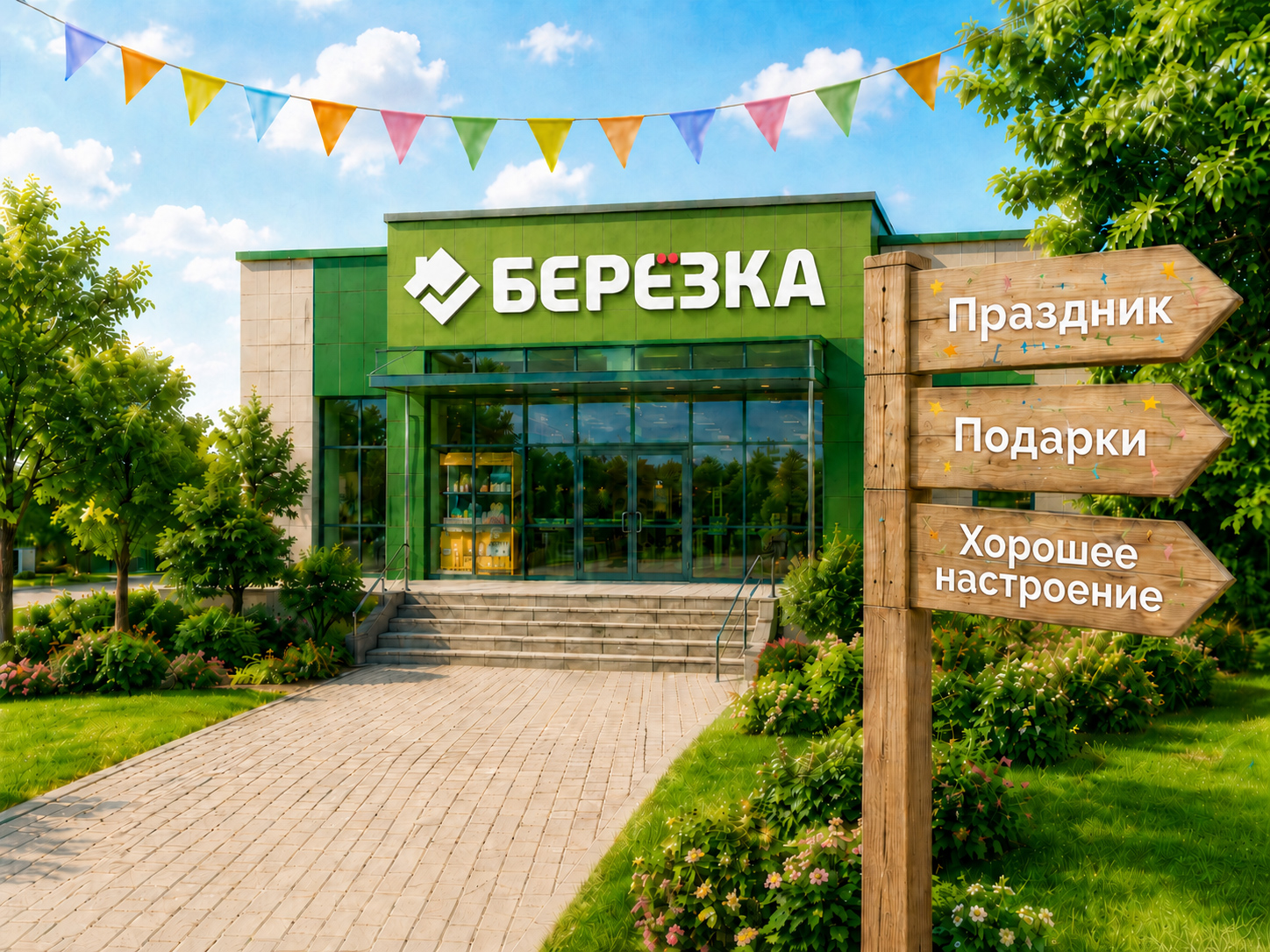Магазин Берёзка с указателем: Праздник, Подарки, Хорошее настроение